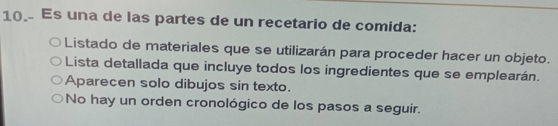 Es una de las partes de un recetario de comida:
Listado de materiales que se utilizarán para proceder hacer un objeto.
Lista detallada que incluye todos los ingredientes que se emplearán.
Aparecen solo dibujos sin texto.
No hay un orden cronológico de los pasos a seguir.