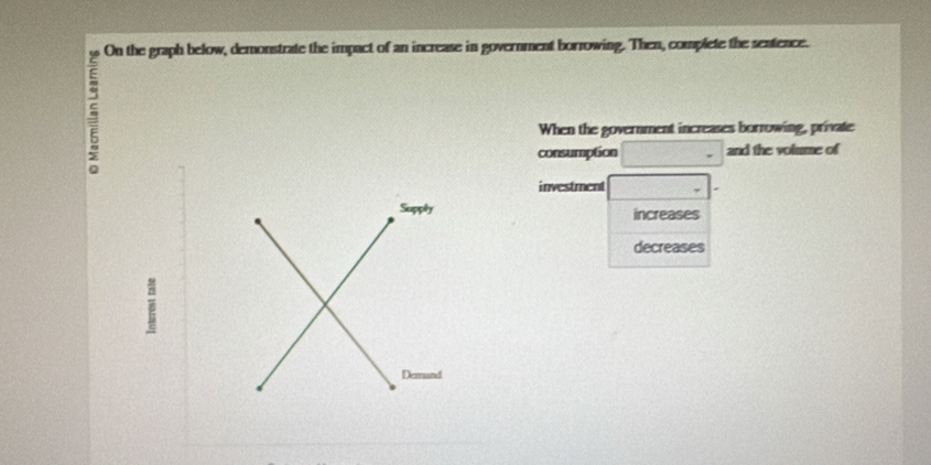 On the graph below, demonstrate the impact of an increase in government borrowing. Then, complete the sentence. 
When the government increases borrowing, private 
consumption and the volume of 
investment 
increases 
decreases