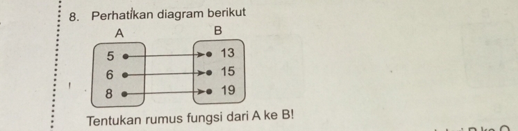 Perhatikan diagram berikut 
Tentukan rumus fungsi dari A ke B!