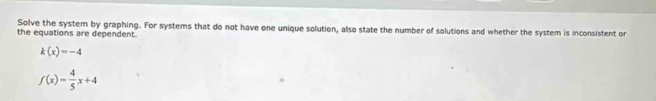 Solve the system by graphing. For systems that do not have one unique solution, also state the number of solutions and whether the system is inconsistent or 
the equations are dependent.
k(x)=-4
f(x)= 4/5 x+4