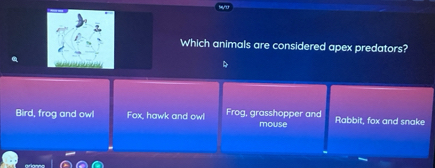 Which animals are considered apex predators?
D
Bird, frog and owl Fox, hawk and owl Frog, grasshopper and mouse Rabbit, fox and snake