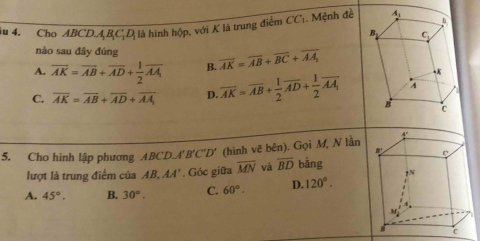 iu 4. Cho ABCD. A_1B_1C_1D_1 là hình hộp, với K là trung điểm CC_1. Mệnh đề
nào sau đây đúng
A. overline AK=overline AB+overline AD+ 1/2 overline AA_1 B. vector AK=vector AB+vector BC+vector AA_1
C. overline AK=overline AB+overline AD+overline AA_1 D. overline AK=overline AB+ 1/2 overline AD+ 1/2 overline AA_1
5. Cho hình lập phương A 3 CD A'B'C'D' (hình vẽ bên). Gọi M, N lần
lượt là trung điểm của 4 .AA'. Góc giữa overline MN và overline BD bằng
A. 45°. B. 30°.
C. 60°. D. 120°.