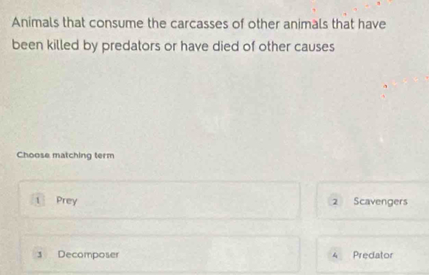 Animals that consume the carcasses of other animals that have
been killed by predators or have died of other causes
Choose matching term
1 Prey 2 Scavengers
3 Decomposer 4 Predator