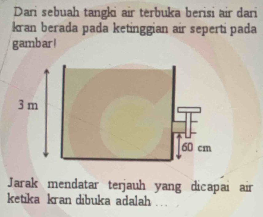 Dari sebuah tangki air terbuka berisi air dari 
kran berada pada ketinggian air seperti pada 
gambar ! 
Jarak mendatar terjauh yang dicapai air 
ketika kran dibuka adalah .