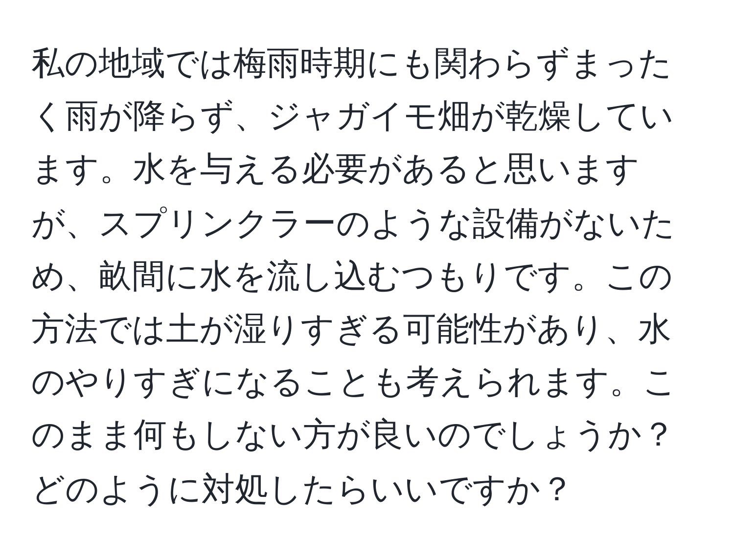 私の地域では梅雨時期にも関わらずまったく雨が降らず、ジャガイモ畑が乾燥しています。水を与える必要があると思いますが、スプリンクラーのような設備がないため、畝間に水を流し込むつもりです。この方法では土が湿りすぎる可能性があり、水のやりすぎになることも考えられます。このまま何もしない方が良いのでしょうか？どのように対処したらいいですか？