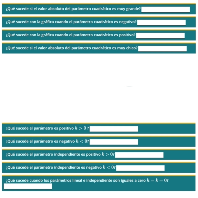 ¿Qué sucede si el valor absoluto del parámetro cuadrático es muy grande? 
¿Qué sucede con la gráfica cuando el parámetro cuadrático es negativo? 
¿Qué sucede con la gráfica cuando el parámetro cuadrático es positivo? 
¿Qué sucede si el valor absoluto del parámetro cuadrático es muy chico? 
¿Qué sucede el parámetro es positivo h>0 ? 
¿Qué sucede el parámetro es negativo h<0</tex>? 
¿Qué sucede el parámetro independiente es positivo k>0? 
¿Qué sucede el parámetro independiente es negativo k<0</tex>? 
¿Qué sucede cuando los parámetros lineal e independiente son iguales a cero h=k=0 ?
