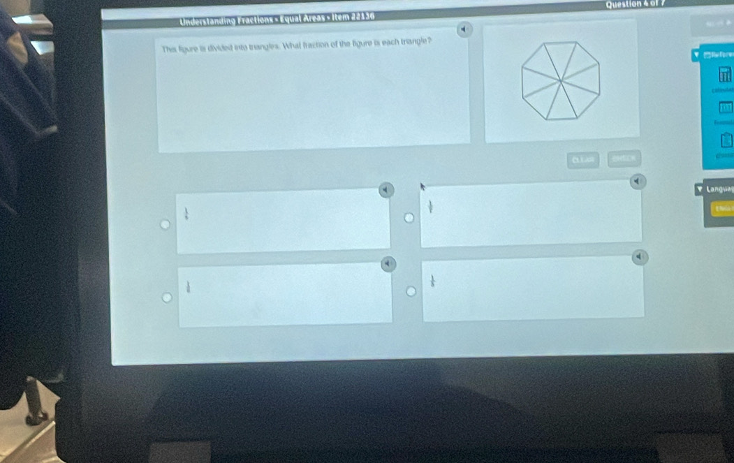 Understanding Fractions » Equal Areas » Item 22136 
This figure is divided into trangles. What fraction of the figure is each triangle? 
Refore 
CL L 
C uase 
Languas