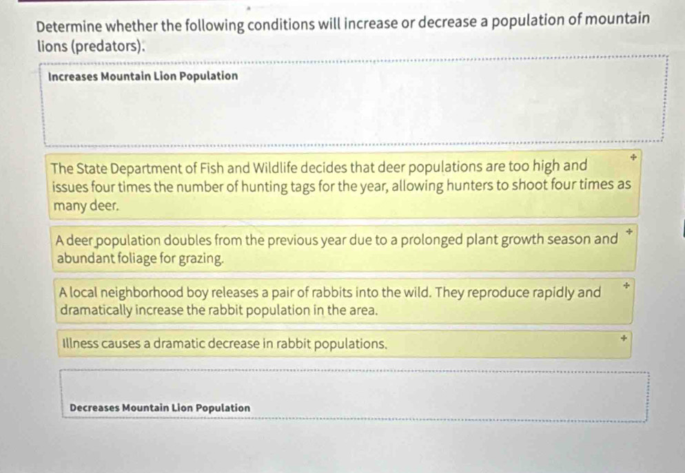 Determine whether the following conditions will increase or decrease a population of mountain 
lions (predators). 
Increases Mountain Lion Population 
The State Department of Fish and Wildlife decides that deer populations are too high and 
issues four times the number of hunting tags for the year, allowing hunters to shoot four times as 
many deer. 
A deer population doubles from the previous year due to a prolonged plant growth season and * 
abundant foliage for grazing. 
A local neighborhood boy releases a pair of rabbits into the wild. They reproduce rapidly and 
dramatically increase the rabbit population in the area. 
Illness causes a dramatic decrease in rabbit populations. 
Decreases Mountain Lion Population