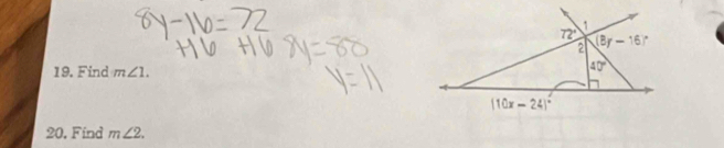 Find m∠ 1.
20. Find m∠ 2.