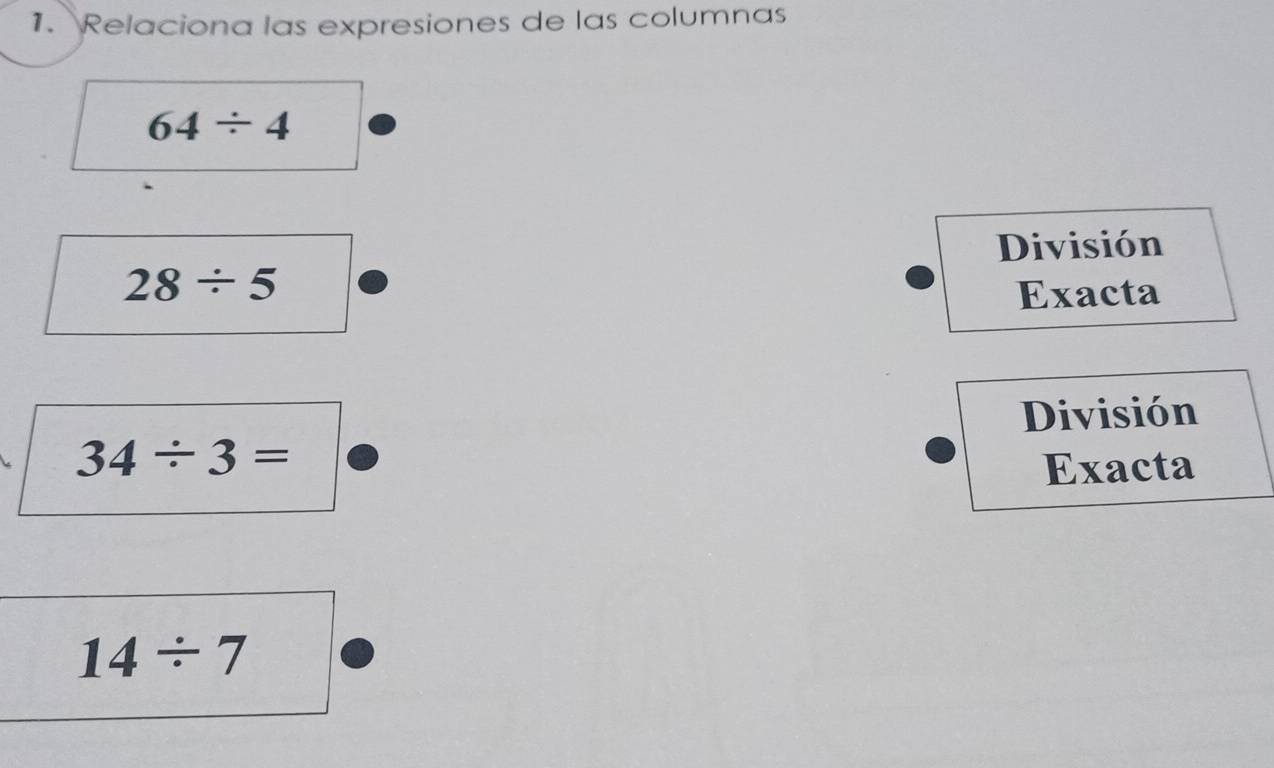 Relaciona las expresiones de las columnas
64/ 4
División
28/ 5
Exacta 
División
34/ 3=
Exacta
14/ 7