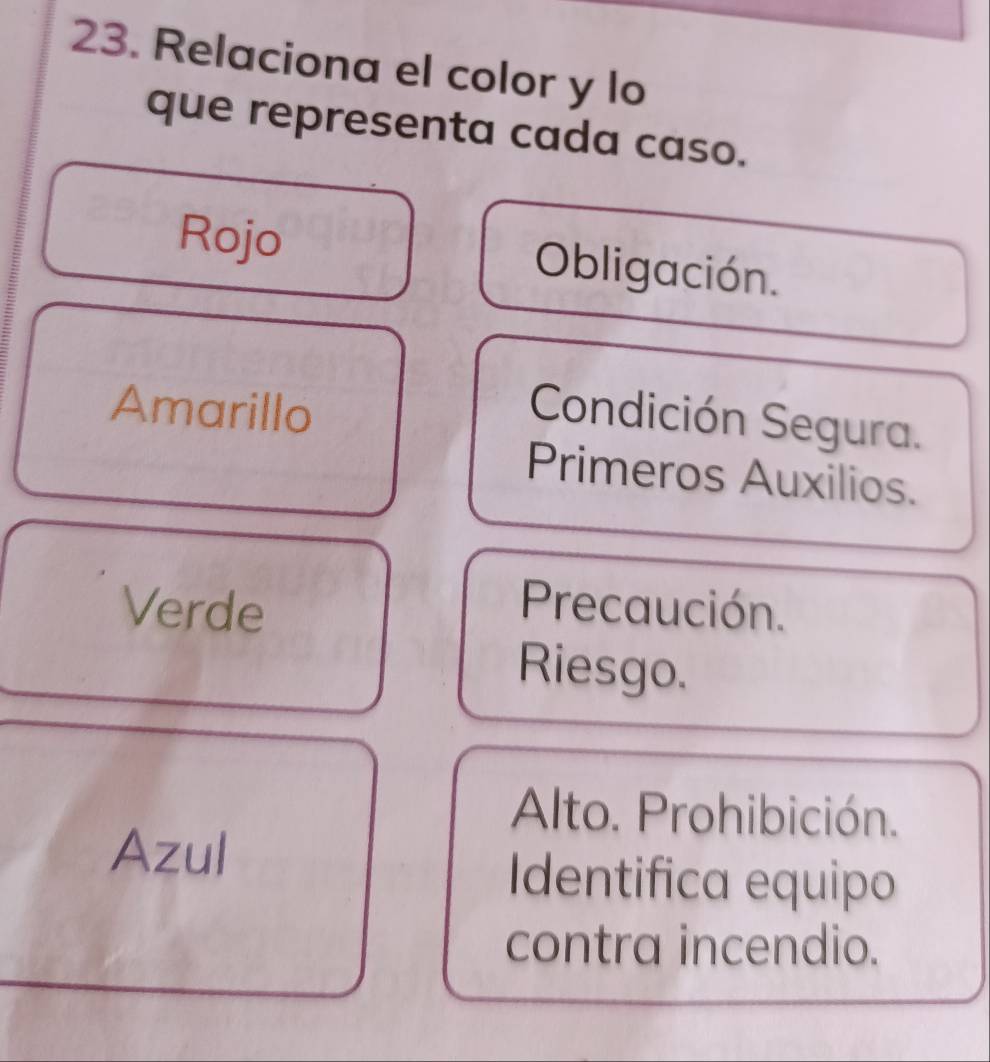 Relaciona el color y lo 
que representa cada caso. 
Rojo Obligación. 
Amarillo 
Condición Segura. 
Primeros Auxilios. 
Verde Precaución. 
Riesgo. 
Alto. Prohibición. 
Azul 
Identifica equipo 
contra incendio.