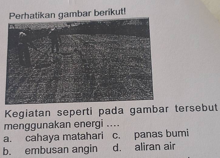 ikan gambar berikut!
Kegiatan seperti pada gambar tersebut
menggunakan energi ....
a. cahaya matahari c. panas bumi
b. embusan angin d. aliran air