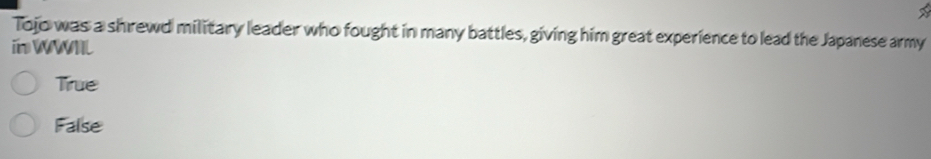 Tojo was a shrewd military leader who fought in many battles, giving him great experience to lead the Japanese army
T L
True
False