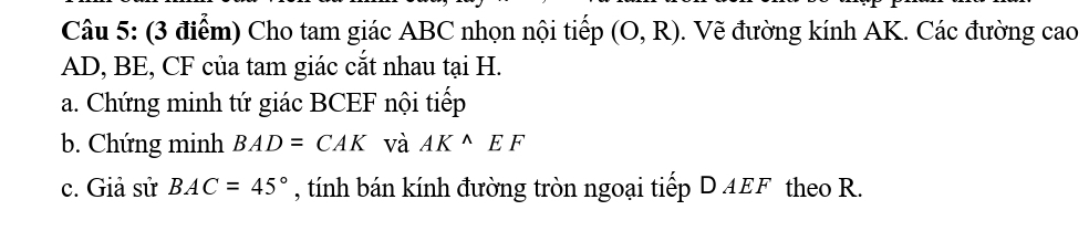 Cho tam giác ABC nhọn nội tiếp (O,R). Vẽ đường kính AK. Các đường cao
AD, BE, CF của tam giác cắt nhau tại H. 
a. Chứng minh tứ giác BCEF nội tiếp 
b. Chứng minh BAD=CAK và AK^(wedge)EF
c. Giả sử BAC=45° , tính bán kính đường tròn ngoại tiếp D AEF theo R.