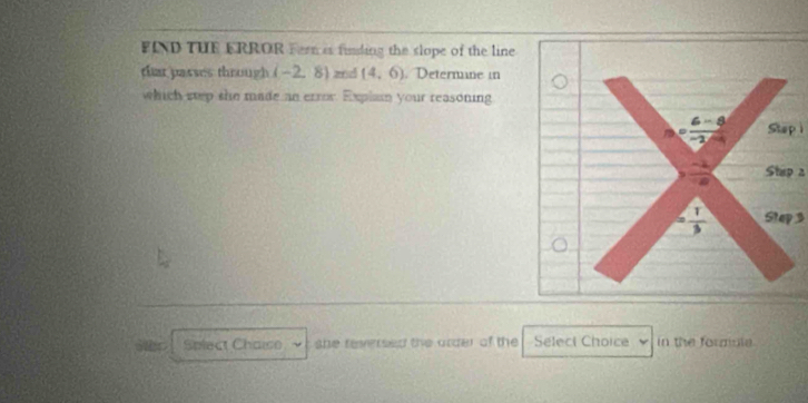 FIND TUE ERROR Fern is finding the slope of the line 
thar passes through (-2,8) and (4,6). Determane in 
which sep she made an error. Explain your reasoning 
Step ì 
Ship a 
Stap 3 
Splect Chaise she reversed the arder of the Select Choice in the formula