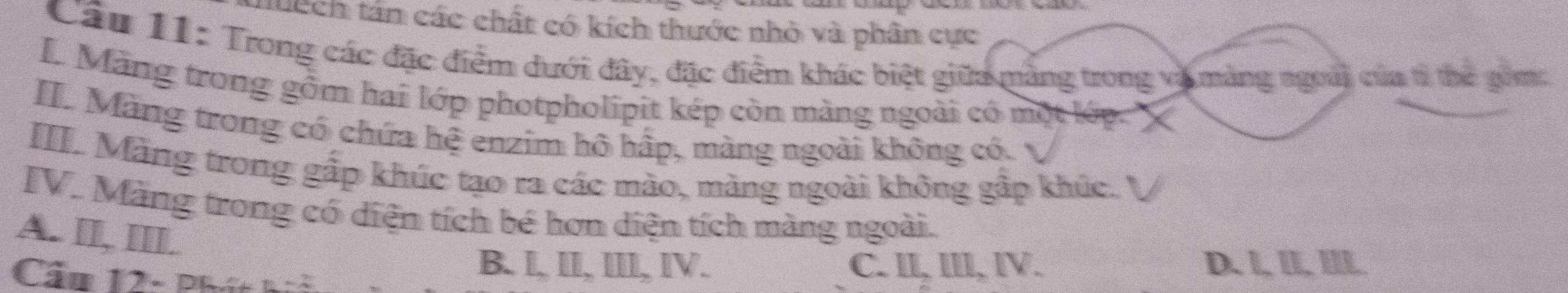 lệch tân các chất có kích thước nhỏ và phân cực
Cầu 11: Trong các đặc điểm dưới đây, đặc điểm khác biệt giữa mảng trong và mảng ngoài của t thể gim:
I Măng trong gồm hai lớp photpholipit kép còn màng ngoài có một lớp. X
H. Màng trong có chứa hệ enzim hô hấp, màng ngoài không có.
I Mãng trong gấp khúc tạo ra các mào, màng ngoài không gập khúc.
IV. Màng trong có diện tích bé hơn diện tích màng ngoài.
A. II, III.
B. I, II, III, IV. C. II, III, IV. D. L, II, III.