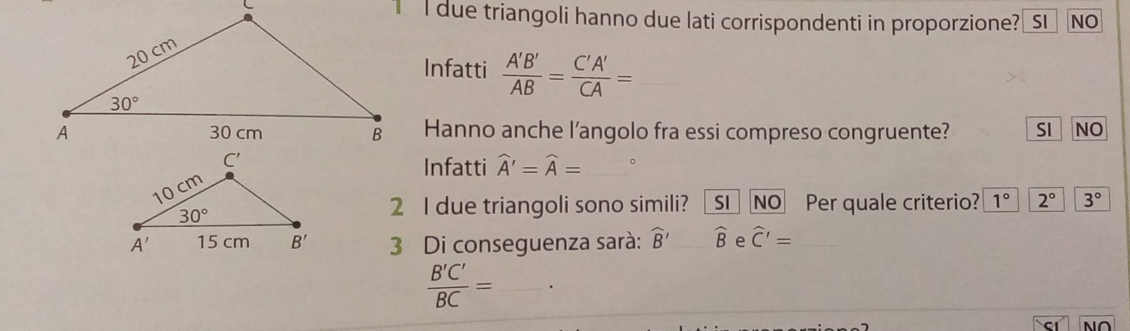 due triangoli hanno due lati corrispondenti in proporzione?_SL NO
Infatti  A'B'/AB = C'A'/CA = _
Hanno anche l'angolo fra essi compreso congruente? SI NO
Infatti widehat A'=widehat A=
2 I due triangoli sono simili? SI  NO Per quale criterio? 1° 2° 3°
3 Di conseguenza sarà: widehat B' widehat B e widehat C'=
 B'C'/BC = _ .
NO