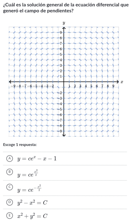 ¿Cuál es la solución general de la ecuación diferencial que
generó el campo de pendientes?
Escoge 1 respuesta:
A y=ce^x-x-1
B y=ce^(frac x^2)2
C y=ce^(-frac x^2)2
D y^2-x^2=C
E x^2+y^2=C