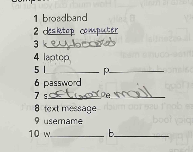 broadband 
2 d_ C_ 
3 k_ 
4 laptop 
5 _ 
_p 
6 password 
7s_ 
_ 
8 text message 
9 username 
10 w_ b_