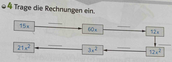 Trage die Rechnungen ein. 
_
15x 60x _ 12x
21x^2
_ 
_
3x^2
_
12x^2