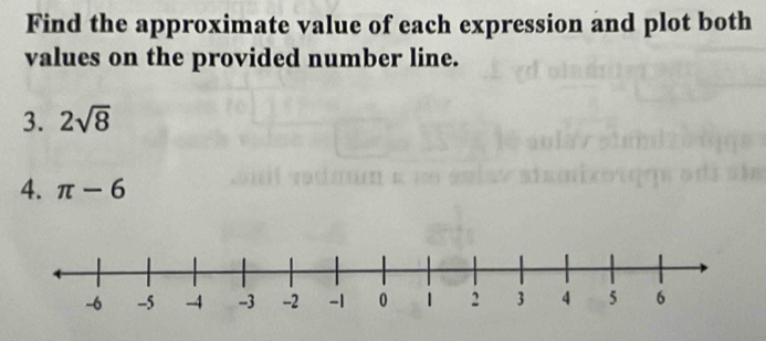 Find the approximate value of each expression and plot both 
values on the provided number line. 
3. 2sqrt(8)
4. π -6