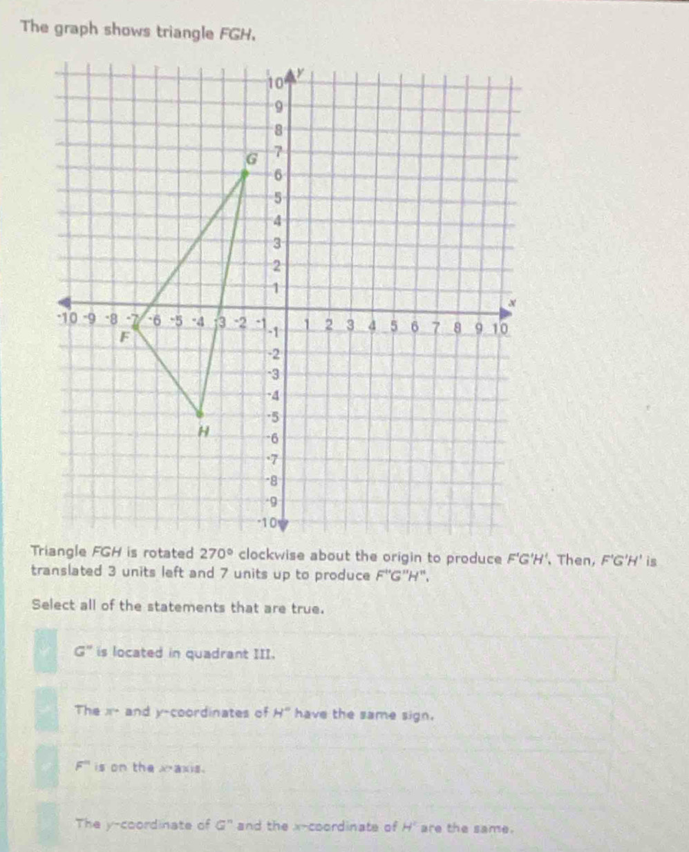 The graph shows triangle FGH.
'H'. Then, F'G'H' is
translated 3 units left and 7 units up to produce F''G''h "、
Select all of the statements that are true.
G'' is located in quadrant III.
The x- and y-coordinates of H° have the same sign.
F'' is on the xaxis.
The y-coordinate of G^n and the x-coordinate of H^2 are the same.