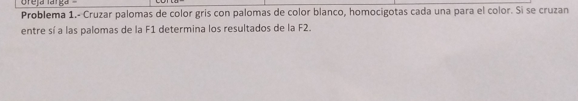 oreja faí 5° - 
Problema 1.- Cruzar palomas de color gris con palomas de color blanco, homocigotas cada una para el color. Si se cruzan 
entre sí a las palomas de la F1 determina los resultados de la F2.