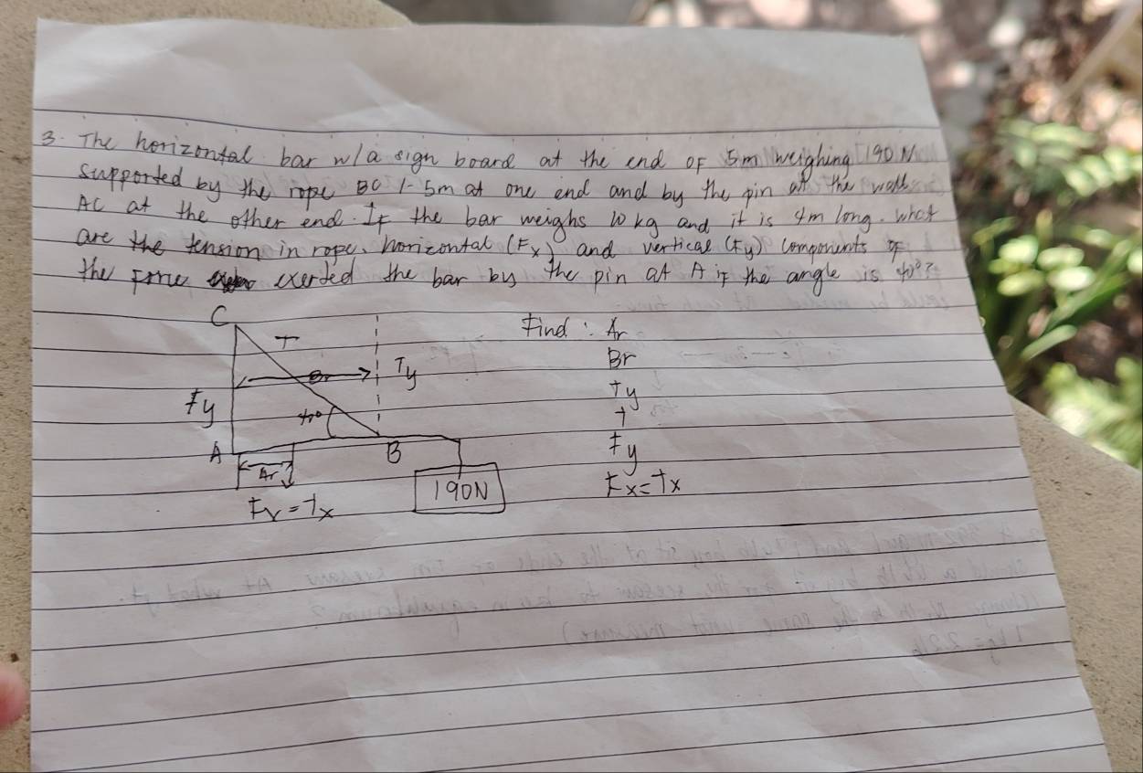 The herizontal bar wa sign board at the end of 5m Weighing 190 M
supported by the Bo 1- 5m at one end and by the pin on thy wall.
Ac at the other end. If the ber weighs wokg and it is Am long. What
are the tension in rope, horizontal (Fx) and vertical (F_y) compotents g
the prow ccerded the bar by the pin at A if the angle is 40°?
Find " Ar
Br
ty
7
F_y
I90N
Fx=Tx
F_x=7x