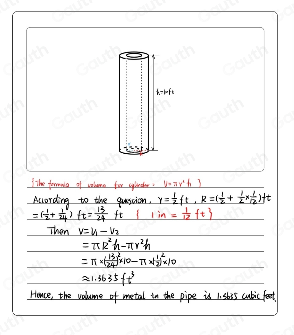 Solved: An iron pipe 10 feet long has an internal diameter of 1 foot ...