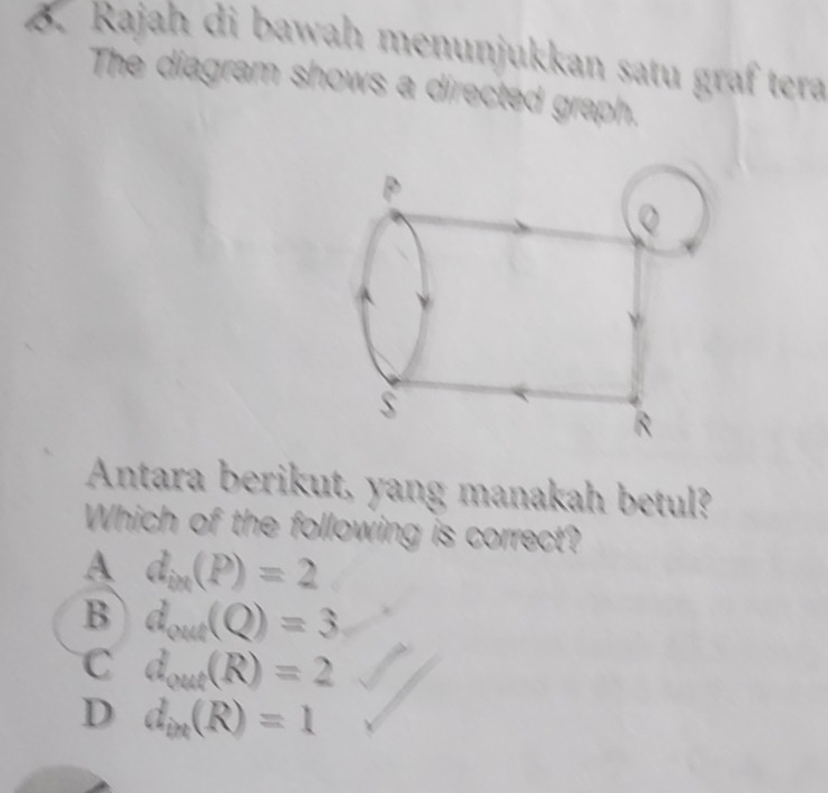 Rajah di bawah menunjukkan satu graf tera
The diagram shows a directed graph.
Antara berikut, yang manakah betul?
Which of the following is correct?
A d_in(P)=2
B d_out(Q)=3
C d_out(R)=2
D d_in(R)=1