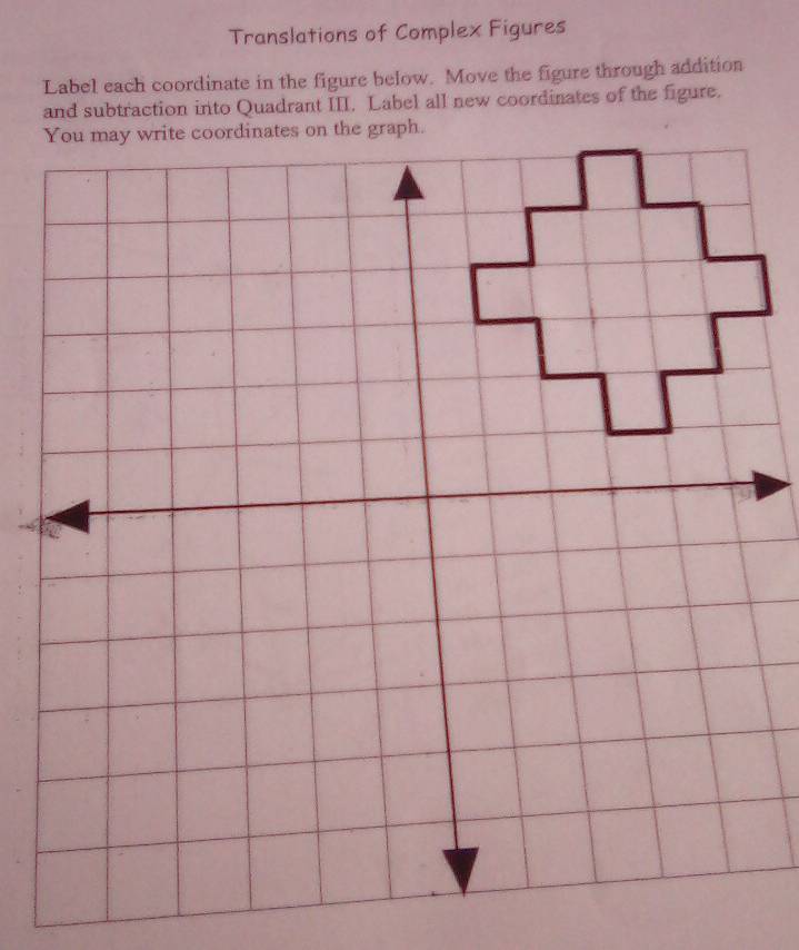 Translations of Complex Figures 
Label each coordinate in the figure below. Move the figure through addition 
and subtraction into Quadrant III. Label all new coordinates of the figure. 
the graph.