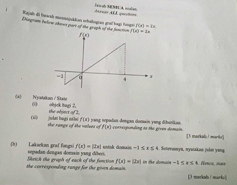 Jawab SEMUA soalan.
Answer ALL questions.
1 Rajah di bawah menunjukkan sebahagian graf bagi fungsi
Diagram below shows part of the graph of the funct
f(x)=2x.
(a) Nyatakan / State
(i) objek bagi 2,
the object of 2,
(ii) julat bagi nilai f(x) yang sepadan dengan domain yang diberikan.
the range of the values of f(x) corresponding to the given domain.
[3 markah / marks]
(b) Lakarkan graf fungsi f(x)=|2x| untuk domain -1≤ x≤ 4. Seterusnya, nyatakan julat yang
sepadan dengan domain yang diberi.
Sketch the graph of each of the function f(x)=|2x| in the domain -1≤ x≤ 4. Hence, state
the corresponding range for the given domain.
[3 markah / marks]