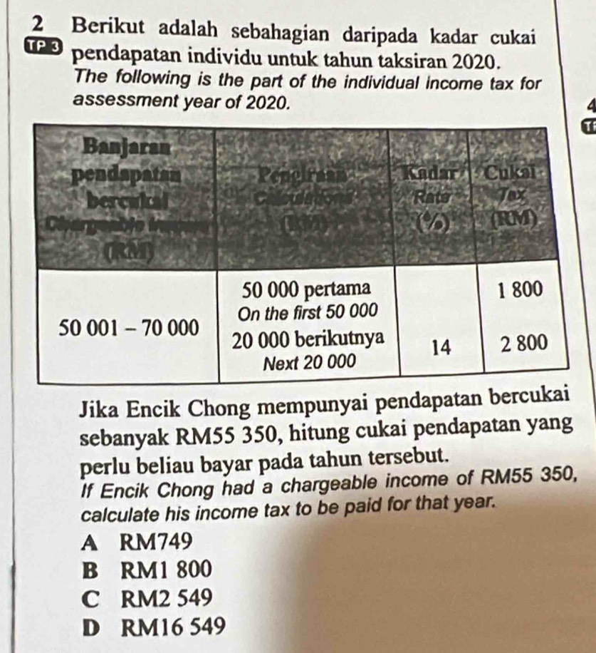 Berikut adalah sebahagian daripada kadar cukai
TP 3 pendapatan individu untuk tahun taksiran 2020.
The following is the part of the individual income tax for
assessment year of 2020.
Jika Encik Chong mempunyai pendapatan ber
sebanyak RM55 350, hitung cukai pendapatan yang
perlu beliau bayar pada tahun tersebut.
If Encik Chong had a chargeable income of RM55 350,
calculate his income tax to be paid for that year.
A RM749
B RM1 800
C RM2 549
D RM16 549