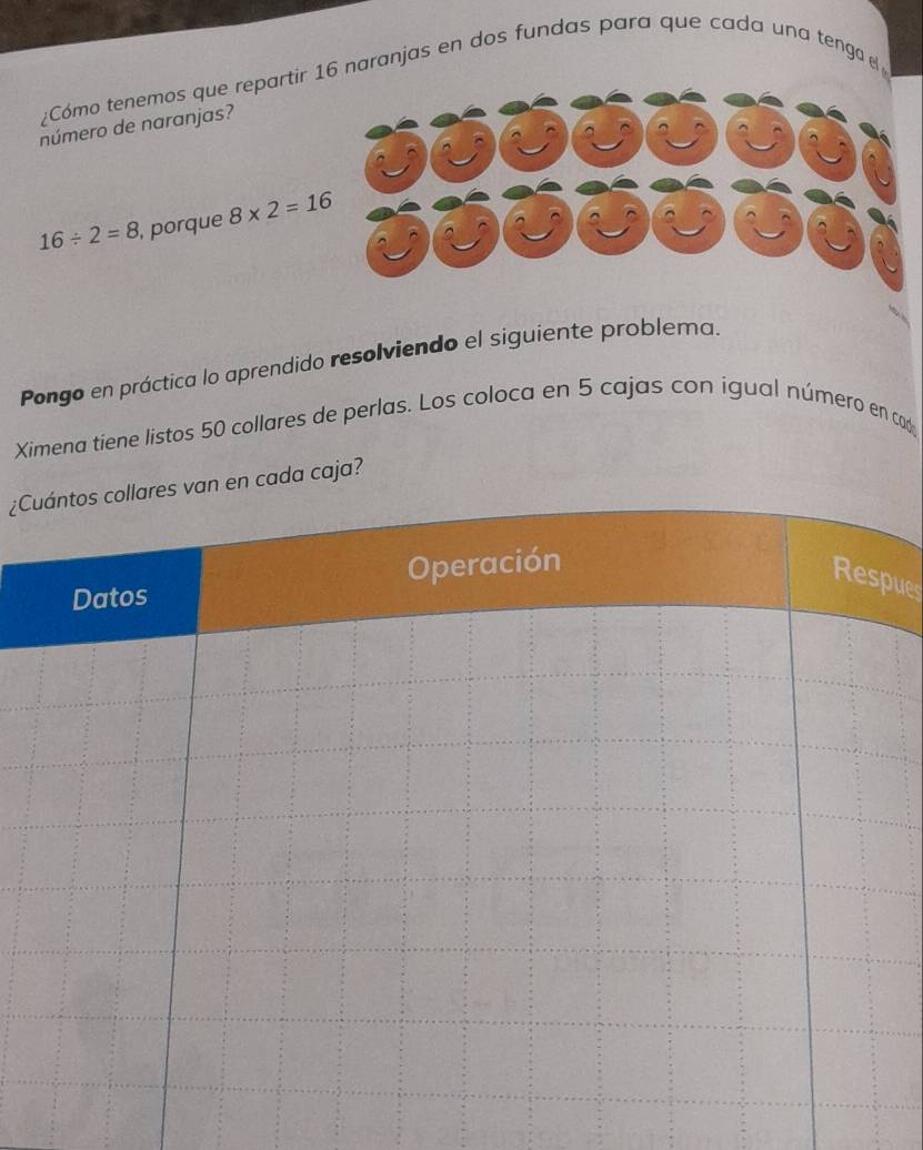 ¿Cómo tenemos que repartir 16 naranjas en dos fundas para que cada una tenga 
número de naranjas?
16/ 2=8 , porque 8* 2=16
Pongo en práctica lo aprendido resolviendo el siguiente problema. 
Ximena tiene listos 50 collares de perlas. Los coloca en 5 cajas con igual número en cod 
¿Cn en cada caja? 
ues