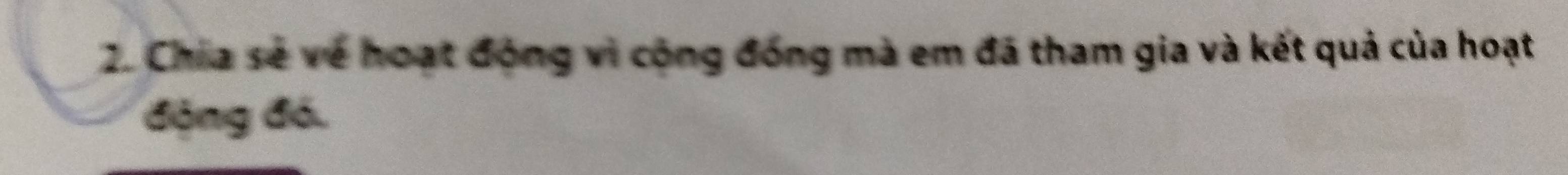 Chia sẻ về hoạt động vì cộng đóng mà em đã tham gia và kết quả của hoạt 
động đó.