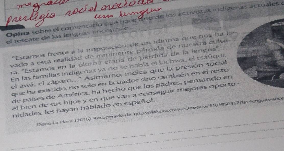 Opina sobre el comentario que hace uno de los activistas indigenas actuales e 
el rescate de las lenguas ancestrales 
'Estamos frente a la imposición de un idioma que nos ha lle 
vado a esta realidad de inminente pérdida de nuestra cultu 
ra. 'Estamos en la última etapa de pérdida de la lengua',.... 
En las familias indígenas ya no se habla el kichwa, el tsáfiqui, 
el awá, el záparo...' Asimismo, indica que la presión social 
que ha existido, no solo en Ecuador sino también en el resto 
de países de América, ha hecho que los padres, pensando en 
el bien de sus hijos y en que van a conseguir mejores oportu 
nidades, les hayan hablado en español. 
_ 
_ 
Diano La Hora. (2016), Recuperado de: https://lahora.com ec/noticia/1101950357/las-lenguas-ance 
_ 
_ 
_ 
_