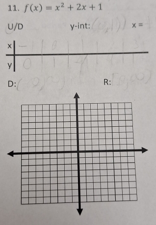 f(x)=x^2+2x+1
U/D y-int: x=
y
D: 
R: