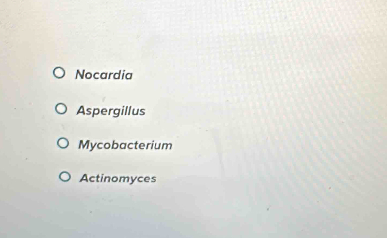 Nocardia
Aspergillus
Mycobacterium
Actinomyces