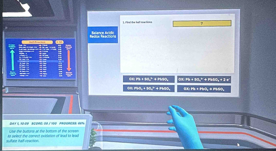 Find the half reactions
?
Balance Acidic
Redox Reactions
OX:Pb+SO_4^((2-)+PbSO_4) OX:Pb+SO_4^((2-)+PbSO_4)+2e^-
OX:PbO_2+SO_4^((2-)+PbSO_4) OX:Pb+PbO_2to PbSO_4
DAY 1, 10:09 SCORE: 58 / 100 PROGRESS: 66%
Use the buttons at the bottom of the screen
to select the correct oxidation of lead to lead
sulfate half-reaction.