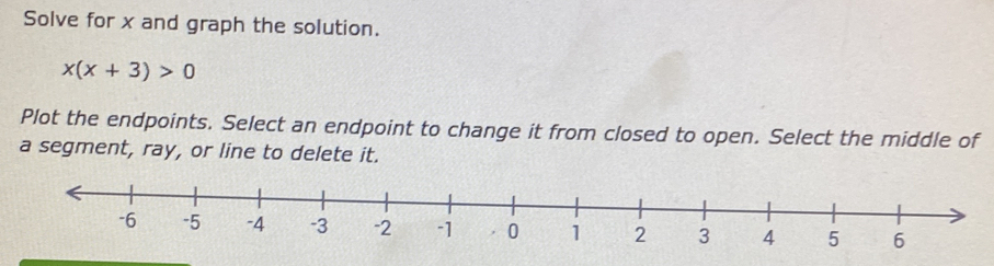 Solve for x and graph the solution.
x(x+3)>0
Plot the endpoints. Select an endpoint to change it from closed to open. Select the middle of 
a segment, ray, or line to delete it.