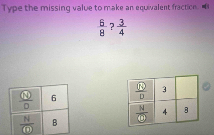 Type the missing value to make an equivalent fraction.
 6/8  ?  3/4 