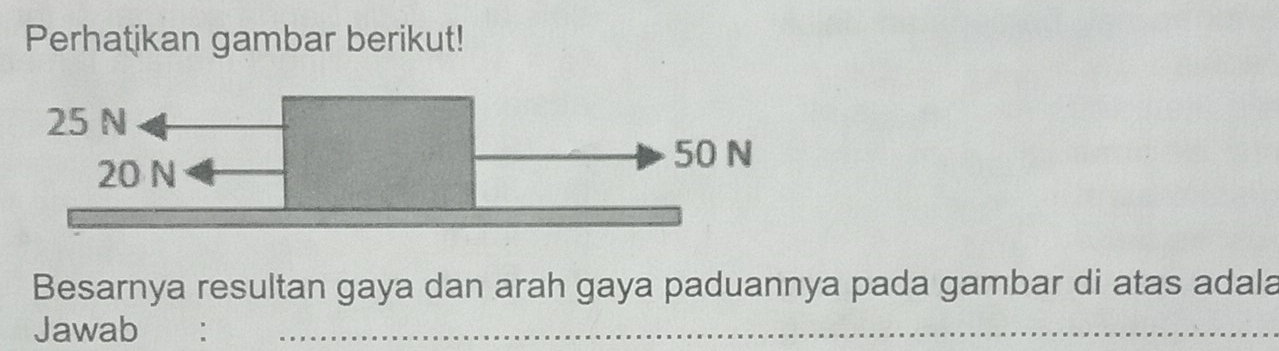 Perhatikan gambar berikut! 
Besarnya resultan gaya dan arah gaya paduannya pada gambar di atas adala 
Jawab 
_