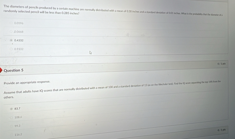 The diameters of pencils produced by a certain machine are normally distributed with a mean of 0.30 inches and a standard deviation of 0.01 inches. What is the probatility that the dumeter of a
randomly selected pencil will be less than 0.285 inches?
0.0596
, 0.0668
0.4332
0.9332
0 / 1 pts
Question 5
Provide an appropriate response.
Assume that adults have IQ scores that are normally distributed with a mean of 100 and a standard deviation of 15 (as on the Wechsler test). Find the IQ score separating the top 14% from the
others.
83.7
108.6
99.3
0 / 1 pts
116.2