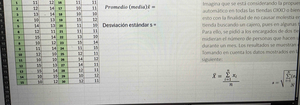 1 11 12 16 11 11 Imagina que se está considerando la propues 
Promedio (media)overline x=
automático en todas las tiendas OXXO o bien 
6 esto con la finalidad de no causar molestia er 
7esviación estándar s= tienda buscando un cajero, pues en algunas t 
8 Para ello, se pidió a los encargados de dos tie 
9 
10 midieran el número de personas que hacen u 
11 durante un mes. Los resultados se muestran 
12 Tomando en cuenta los datos mostrados en l 
13 siguiente:
14
15
16
1 overline X=frac (sumlimits _i=1)^nx_in s=sqrt (frac sumlimits _i=1)^N(x_i)N
1
1
20
21