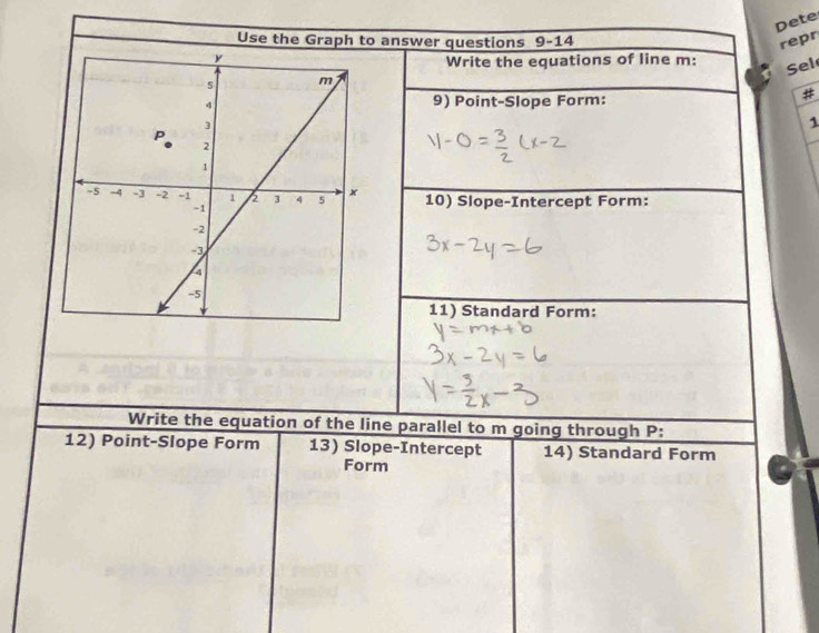 Dete 
Use the Graph to answer questions 9-14 repr 
Write the equations of line m : 
Sel 
9) Point-Slope Form: 
# 
1 
10) Slope-Intercept Form: 
11) Standard Form: 
Write the equation of the line parallel to m going through P : 
12) Point-Slope Form 13) Slope-Intercept 14) Standard Form 
Form