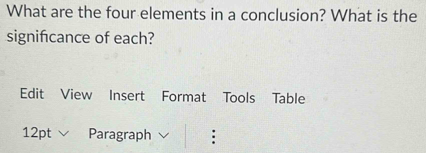 What are the four elements in a conclusion? What is the 
significance of each? 
Edit View Insert Format Tools Table 
12pt Paragraph :