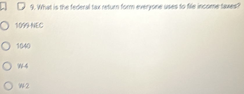 What is the federal tax return form everyone uses to file income taxes?
1099 NEC
1040
W4
W2