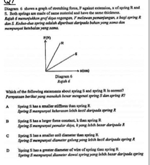 Diagram 6 shows a graph of stretching force, F against extension, x of spring R and
S. Both springs are made of same material and have the same thickness.
Rafah 6 menunjukkan graf daya regangan, F melawan pemanjangan, x bagi spring R
mempunyai ketebalan yang sama. dan S. Kedua-dua spring adalah diperbuat daripada bahan yang sama dan
Which of the following statements about spring S and spring R is correct?
Pernyataan berikut yung manakah benar mengenai spring S dan spring K?
A Spring S has a smaller stiffness than spring R
Spring S mempunyal kekerasan lebih kecil daripada spring R
B Spring S has a larger force constant, k than spring R
Spring S mempunyai pemalar daya, k yang lebih besar daripada R
C Speing S has a smaller coil diameter than spring R
Spring S mempunyal diameter gelung yang lebih kecil daripada spring R
D Spring S has a greater diameter of wire of spring than spring R
Spring S mempunyal diameter dawal spring yong lebth besar daripada spring