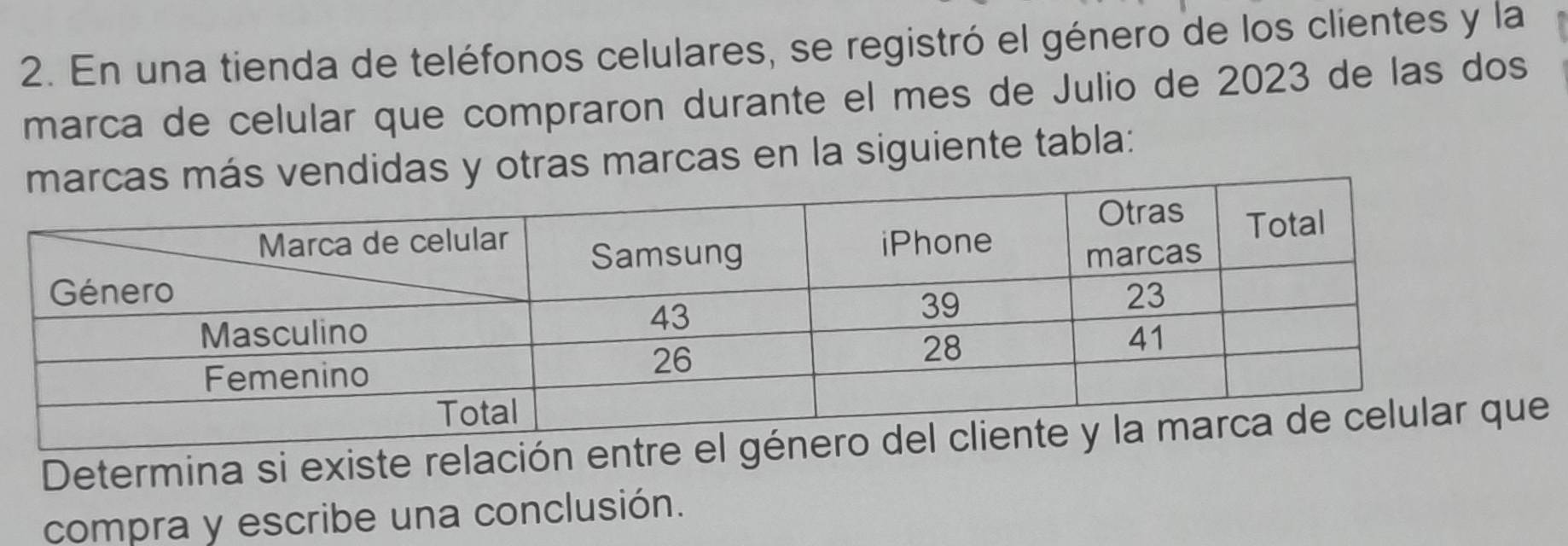 En una tienda de teléfonos celulares, se registró el género de los clientes y la 
marca de celular que compraron durante el mes de Julio de 2023 de las dos 
ndidas y otras marcas en la siguiente tabla: 
Determina si existe relación ent 
compra y escribe una conclusión.