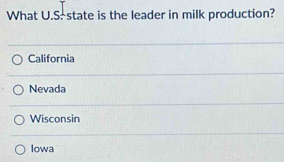 What U.S- state is the leader in milk production?
California
Nevada
Wisconsin
Iowa